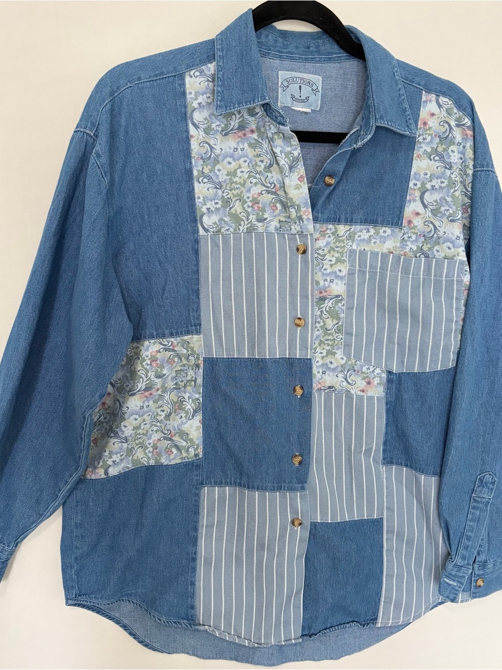 VTG Solutions Patchwork Denim Chambray Button Down Shirt Womens Large Cottage